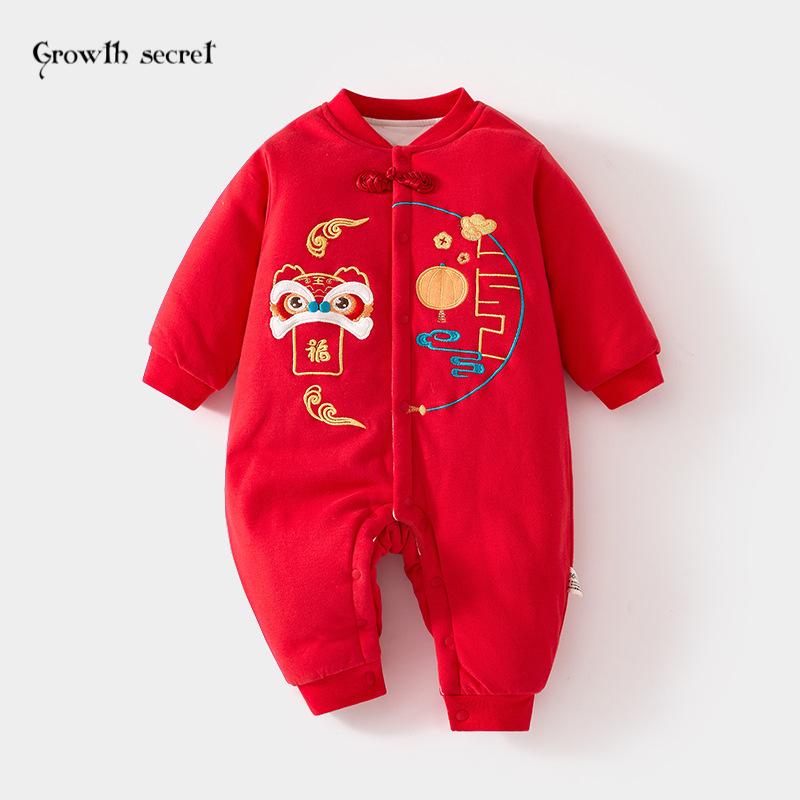 婴儿加棉120克拜年服连体衣女宝夹棉加厚秋冬装大红连身衣爬服