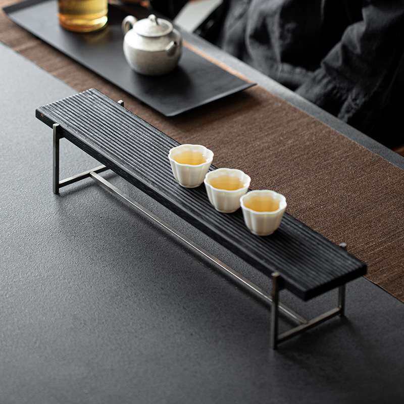 大岸堂日式不锈钢简约茶具茶杯架展示架收纳小茶几实木托盘置物架