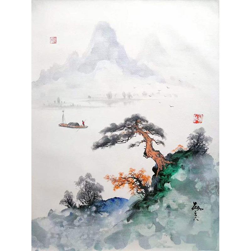 风景油画 客厅装饰画现代简约新中式山水壁挂画 春江泛舟图