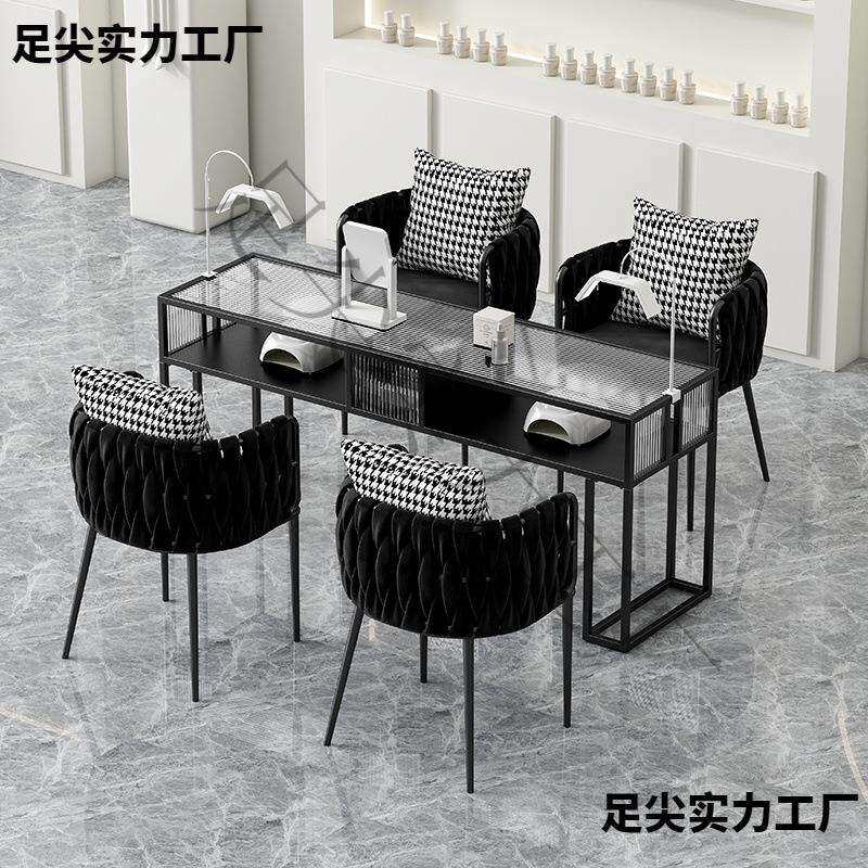 ∴美甲桌椅套装美甲店桌子椅子组合黑色玻璃美甲台双人时尚网