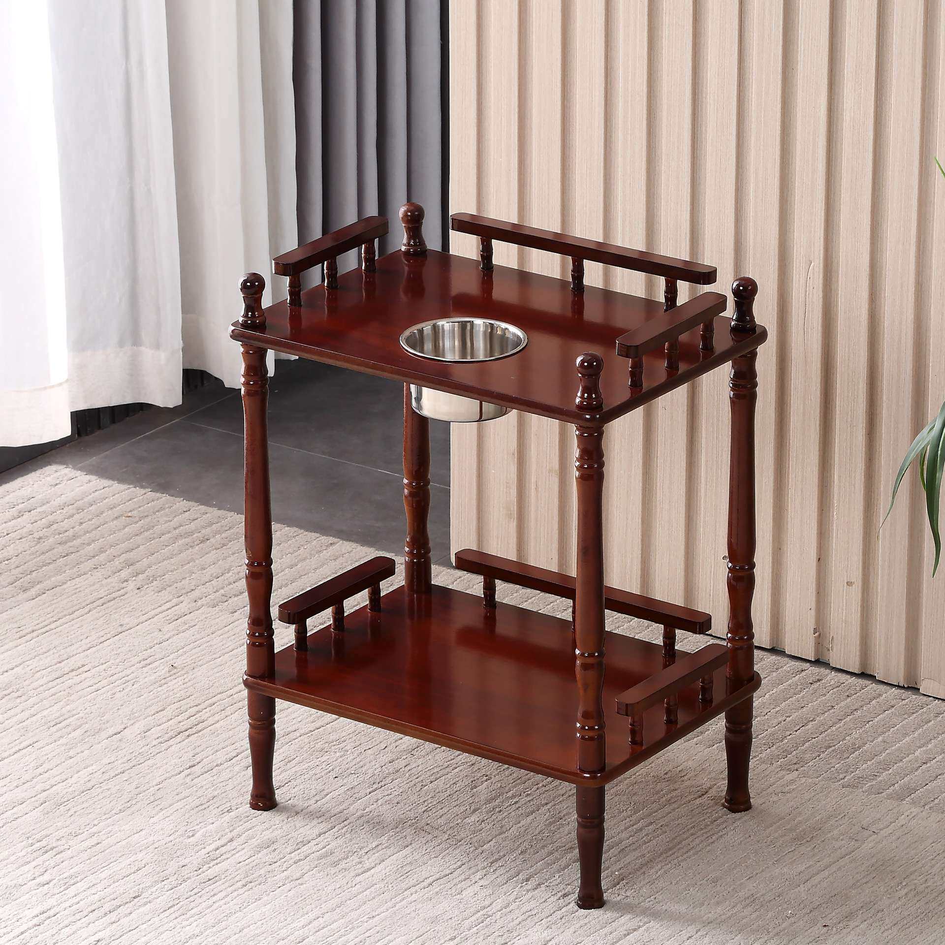 实木现代电话架置物架子棋牌室小茶几圆形茶水架简约小桌子家具