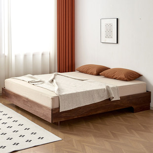北欧无床头床黑胡桃木悬浮床日式樱桃木全实木1.8双人榻榻米床架