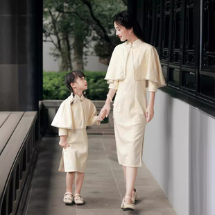 2026新款秋季披肩女童改良旗袍蕾丝中国风母女装演出服文艺高品质