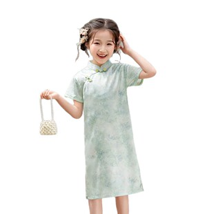 2026新款绿色女童改良旗袍夏季薄款民国风儿童新中式古装连衣裙日
