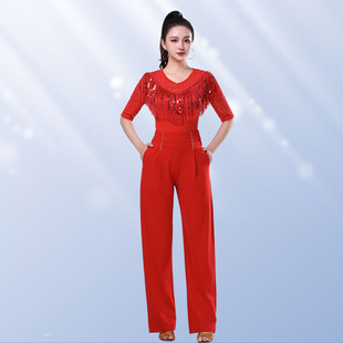 2026新款春夏吉特巴上衣女中袖广场舞服装女三步彩流苏圆领黑色舞
