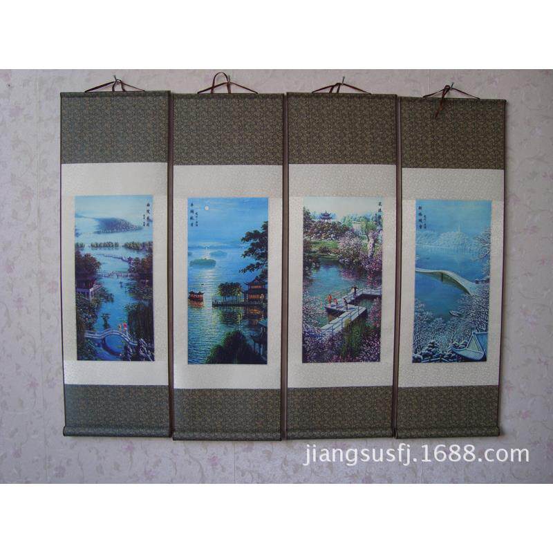 家居装饰工笔山水四条屏杭州四景丝绸画 卷轴成套国画T41