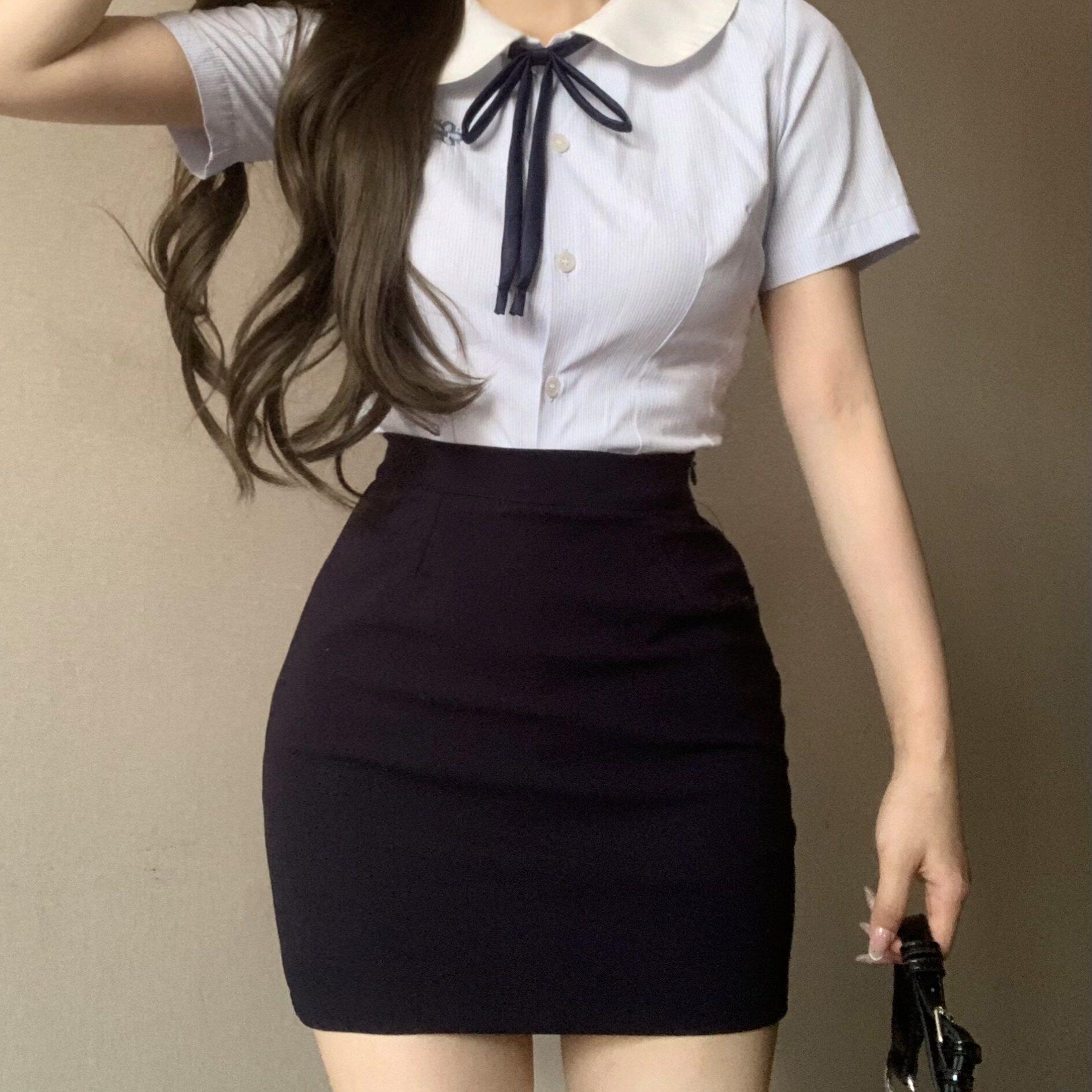 小熊二自制新款蝴蝶结刺绣JK短袖条纹衬衫包臀裙制服半身裙套装夏