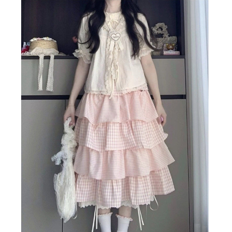少女感甜妹套装花边短袖衬衫上衣+粉色格子中长版蛋糕半裙两件套