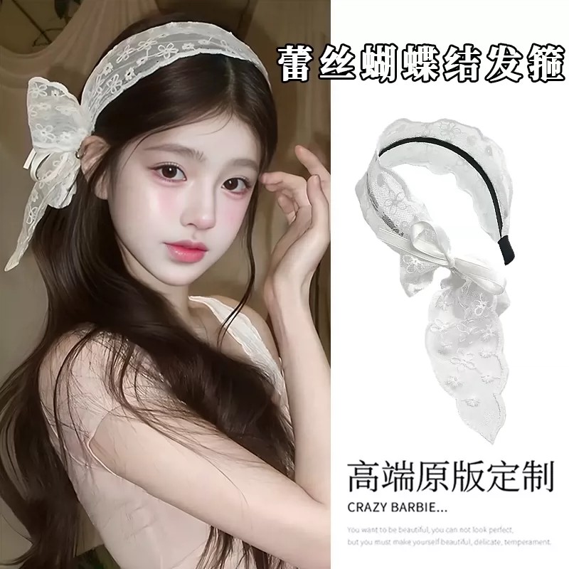 法式蝴蝶结蕾丝宽边发箍新款