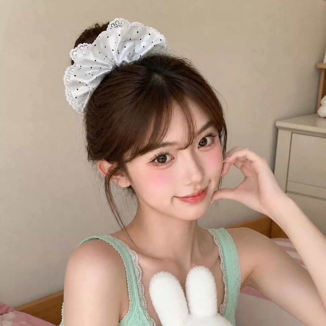 韩系缎面白波点蕾丝双层大肠发圈