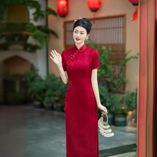2026新款现货结婚旗袍改良中式新娘礼服酒红显瘦长款修身礼服