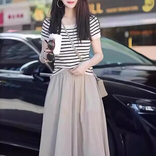 2026新款夏季女生搭配一整套时尚宽松阔腿裤女修身条纹上衣两件套