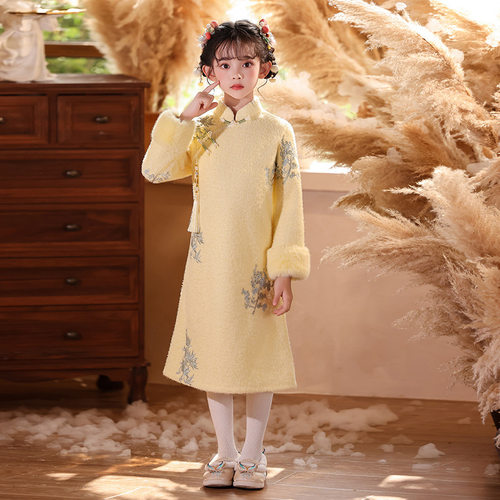2026新款水貂绒女童旗袍冬季加绒长袖儿童旗袍连衣裙新年唐装