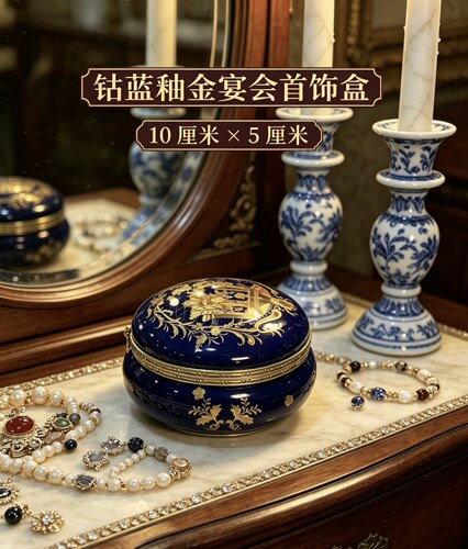 陶瓷摆件•钴蓝釉金宴会首饰盒• 10×5厘米 中古瓷器