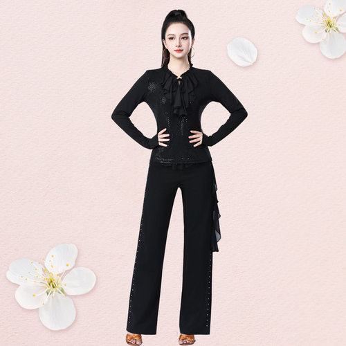 2026新款广场舞摩登舞上衣女V领荷叶边亮片长袖修身拉丁舞服吉特