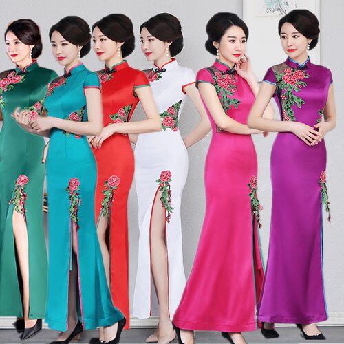 2026新款走秀旗袍演出服女新长款礼仪迎装宾酒店舞台端庄大码开叉