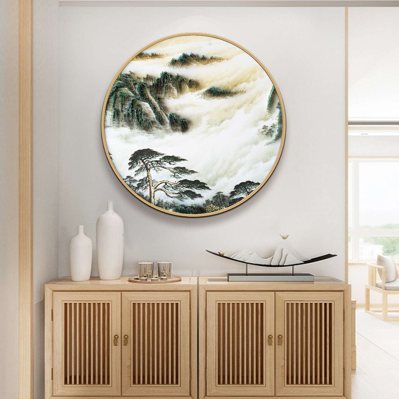 新中式客厅装饰画家居玄关软装挂饰山水钉子画挂画立体画圆形