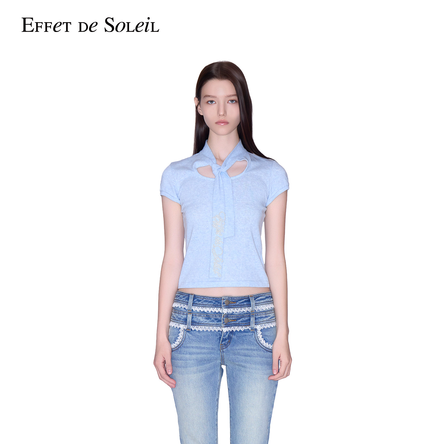 Effet de Soleil珍珠刺绣领结短袖T恤上衣女装新品26秋