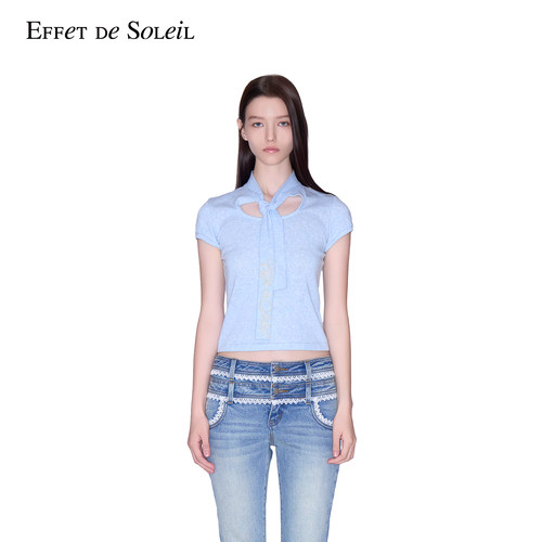 Effet de Soleil珍珠刺绣领结短袖T恤上衣女装新品26秋