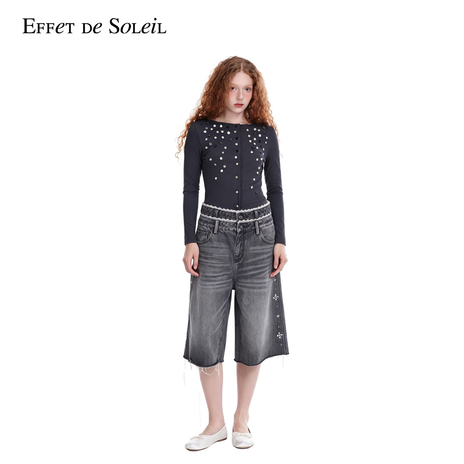 Effet de Soleil双腰蕾丝边做旧牛仔中裤宽松直筒短裤女新品26夏
