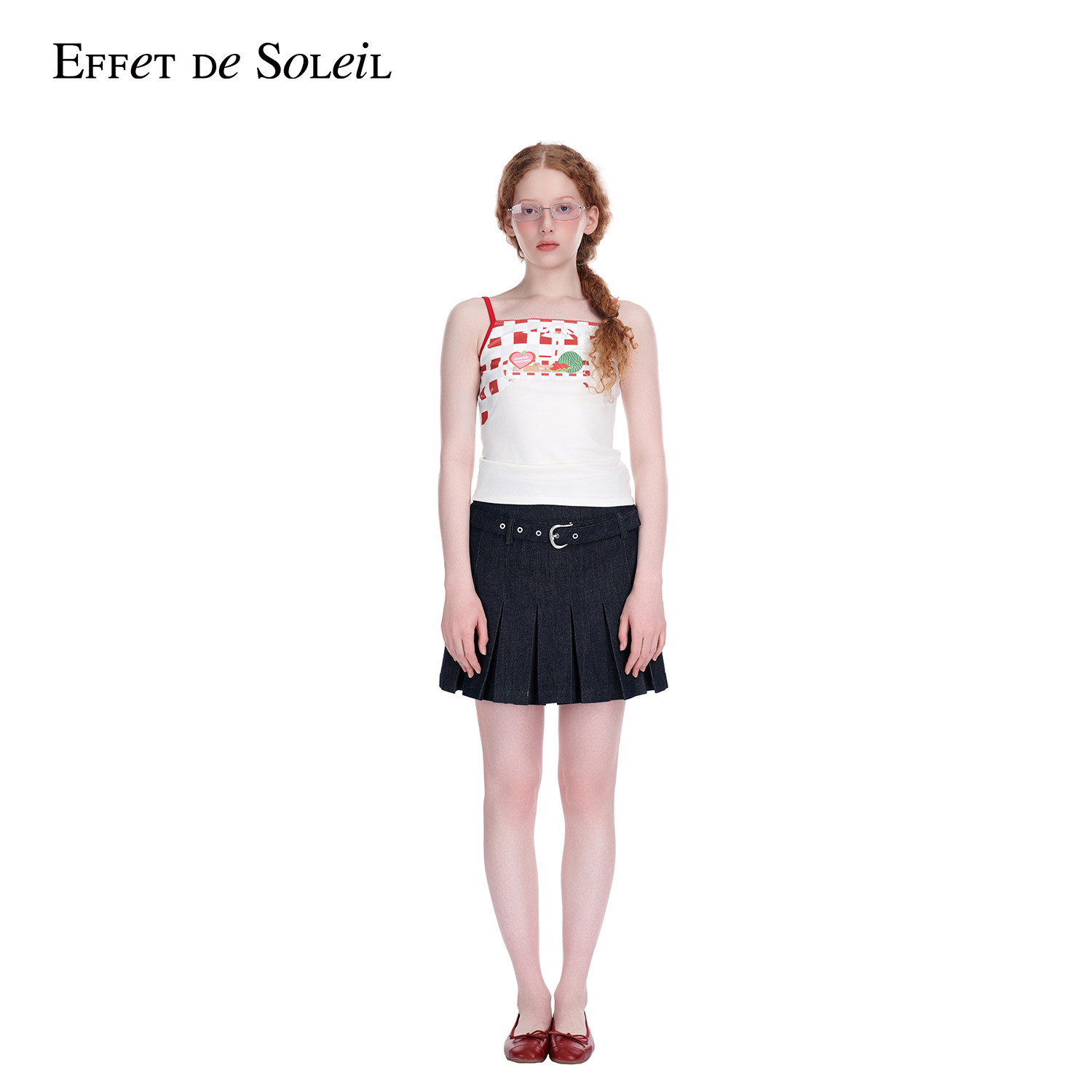 Effet de Soleil钉珠原色牛仔百褶裙短半裙女装新品26夏