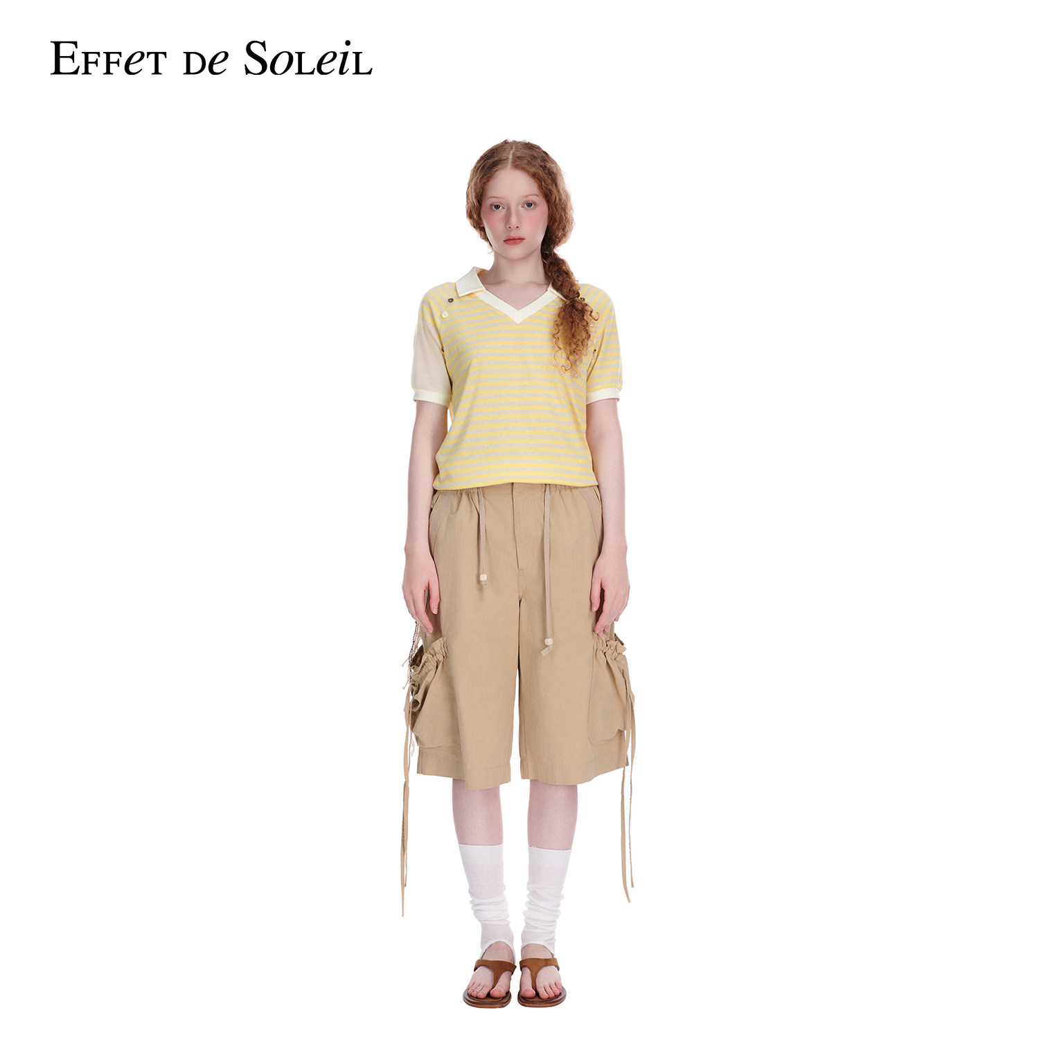 Effet de Soleil翻领拼接条纹短袖T恤上衣女装新品26夏