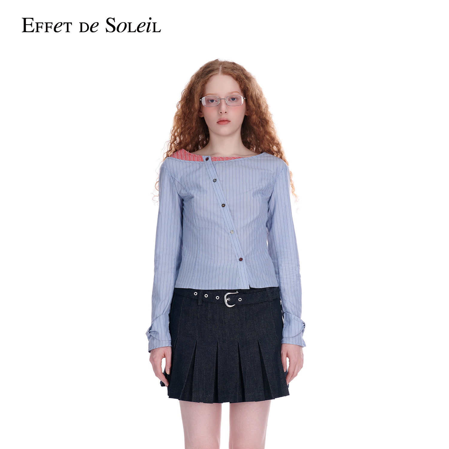 Effet de Soleil一字肩条纹长袖衬衫女露肩上衣新品26夏