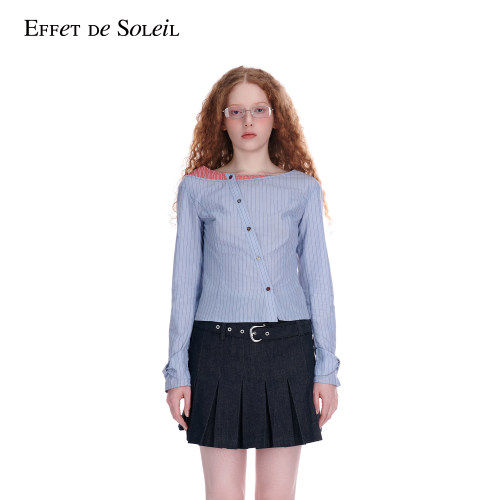 Effet de Soleil一字肩条纹长袖衬衫女露肩上衣新品26夏
