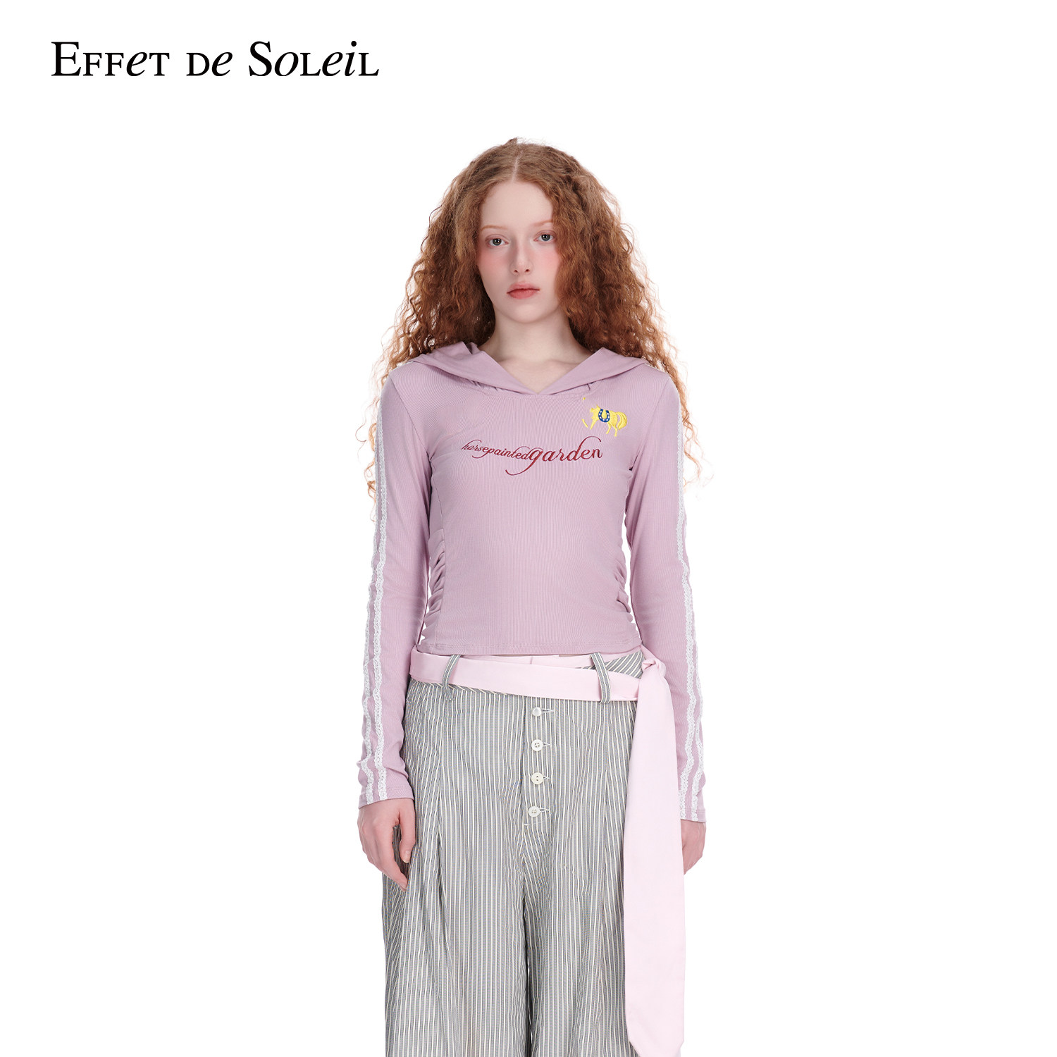 Effet de Soleil运动抽褶连帽长袖T恤上衣女装新品26春