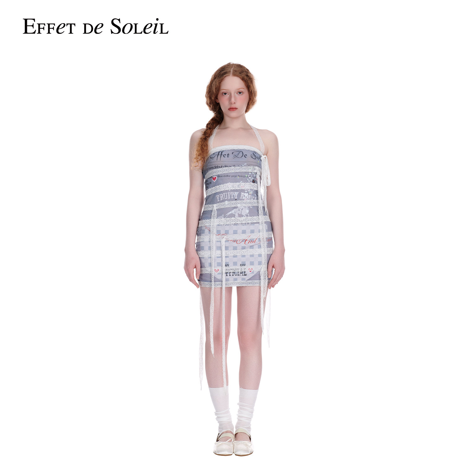 Effet de Soleil拼接不对称报纸印花抹胸连衣裙女新品26夏
