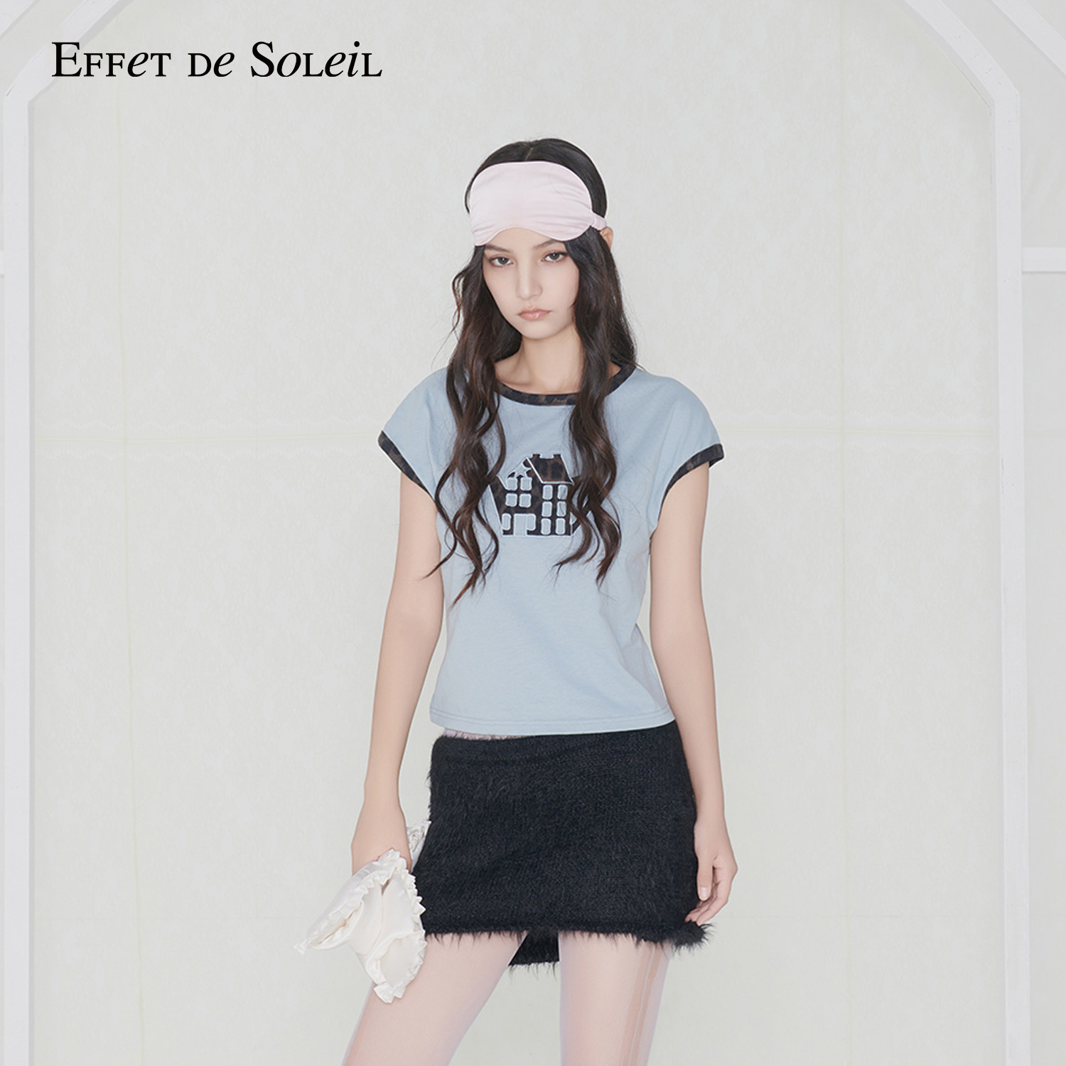 Effet de Soleil豹纹拼色刺绣正肩短袖T恤修身短上衣女装新品