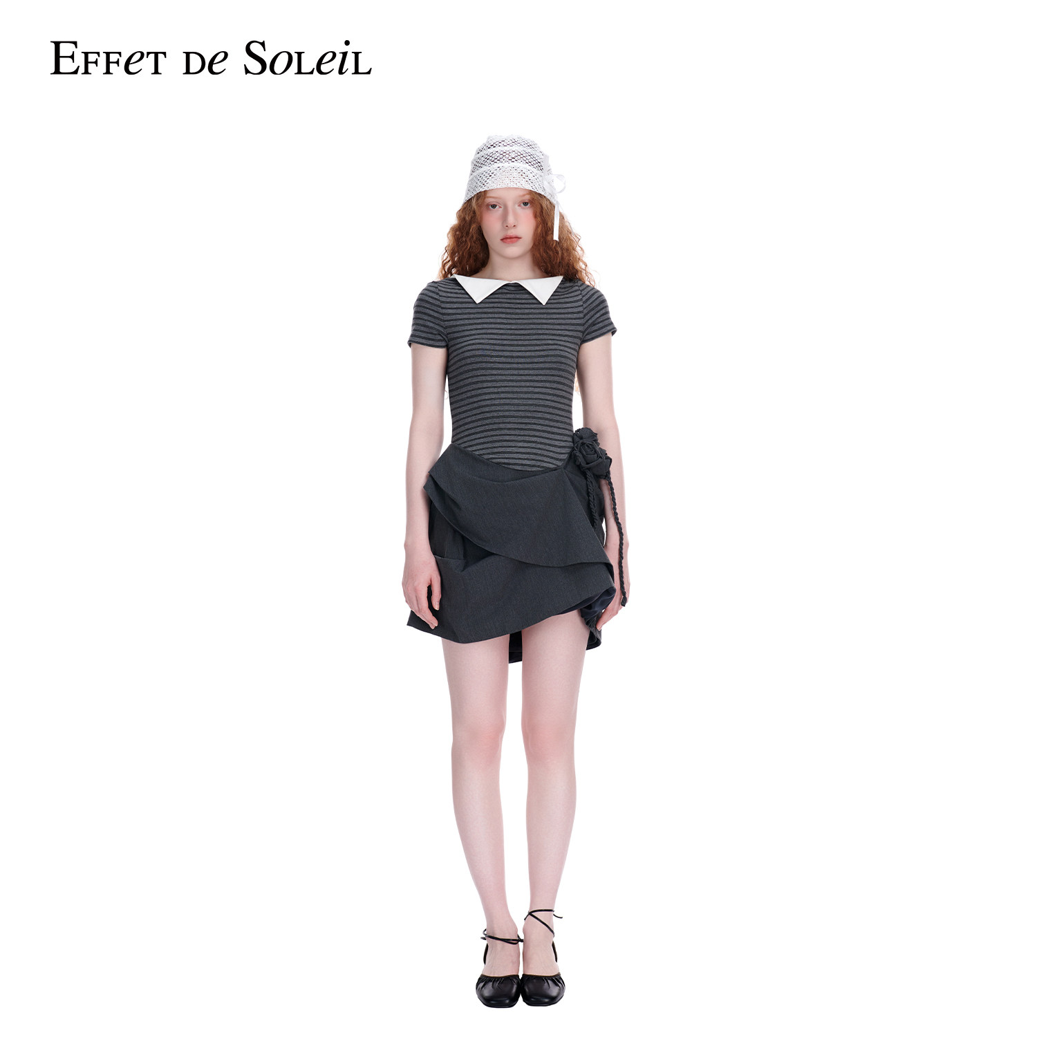 Effet de Soleil一字领条纹花苞西装裙连衣裙女装新品26春