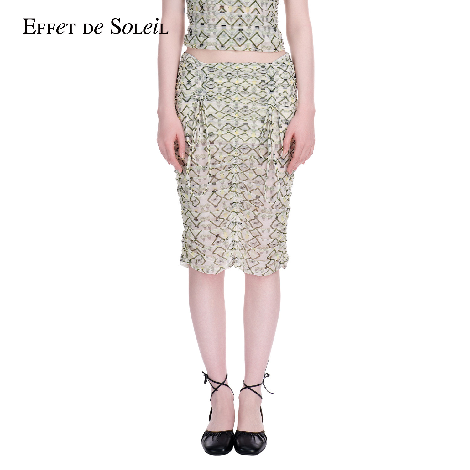 Effet de Soleil印花网纱褶皱半身裙女低腰修身包臀裙新品26夏