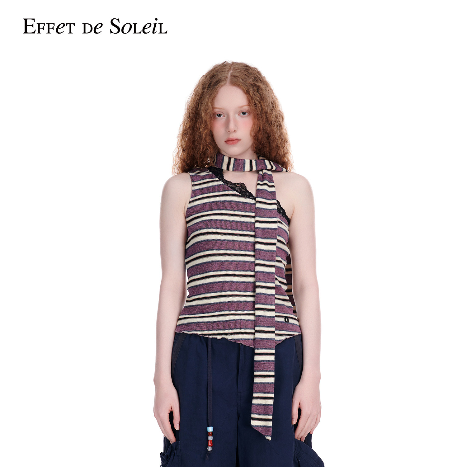 Effet de Soleil蕾丝斜肩背心上衣围巾两件套女装新品26夏