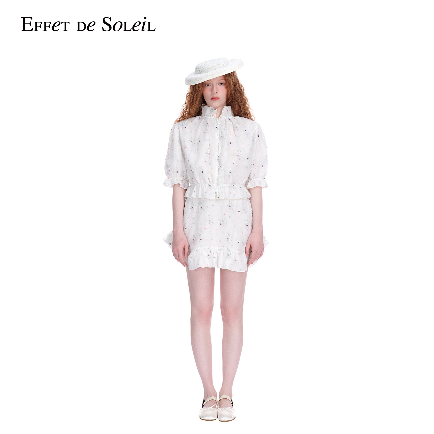 Effet de Soleil碎花褶皱多层网纱短裙女装新品26夏
