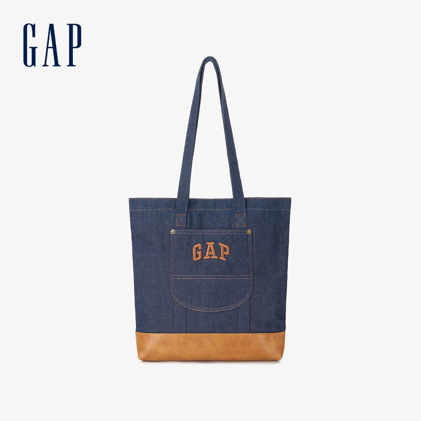 GAP工装风拼PU牛仔托特包蓝色