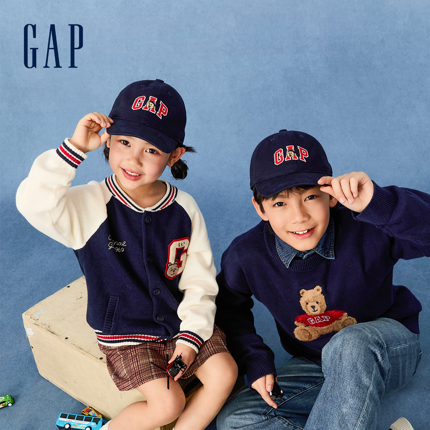 GAP小熊刺绣棒球帽儿童春夏时尚遮阳复古鸭舌帽户外大童小童
