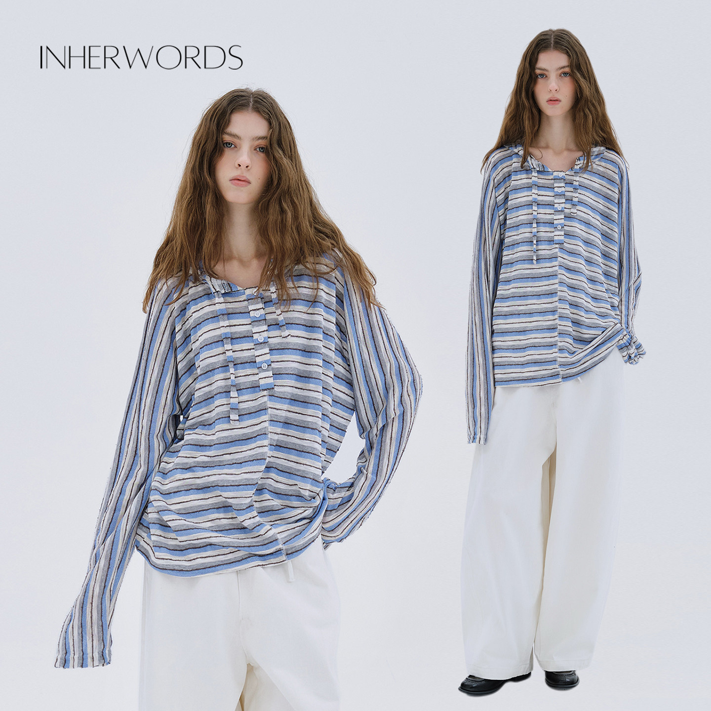 INHERWORDS 沙滩慵懒风春夏蓝白条纹针织套头衫连帽针织长袖罩衫