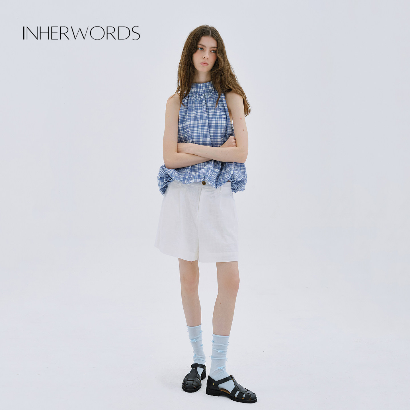 INHERWORDS格纹挂脖无袖上衣女夏季宽松A字显瘦设计小众吊带背心