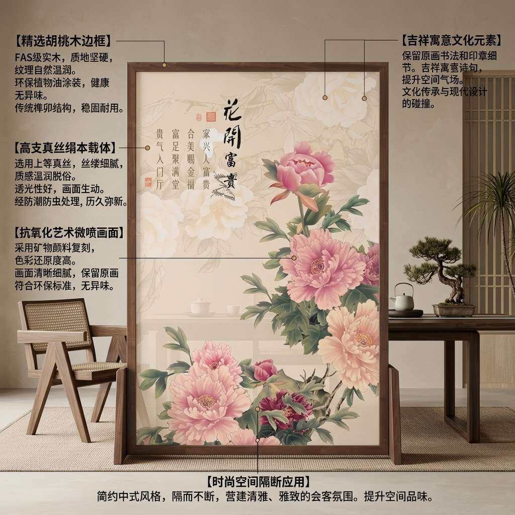 中式屏风隔断客厅卧室遮挡家用现代简约入户玄关移动实木牡丹座屏