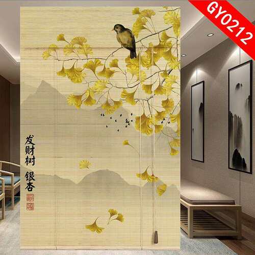 新中式印花竹帘山水画升降窗帘家用隔断门帘禅意茶室装饰背景画
