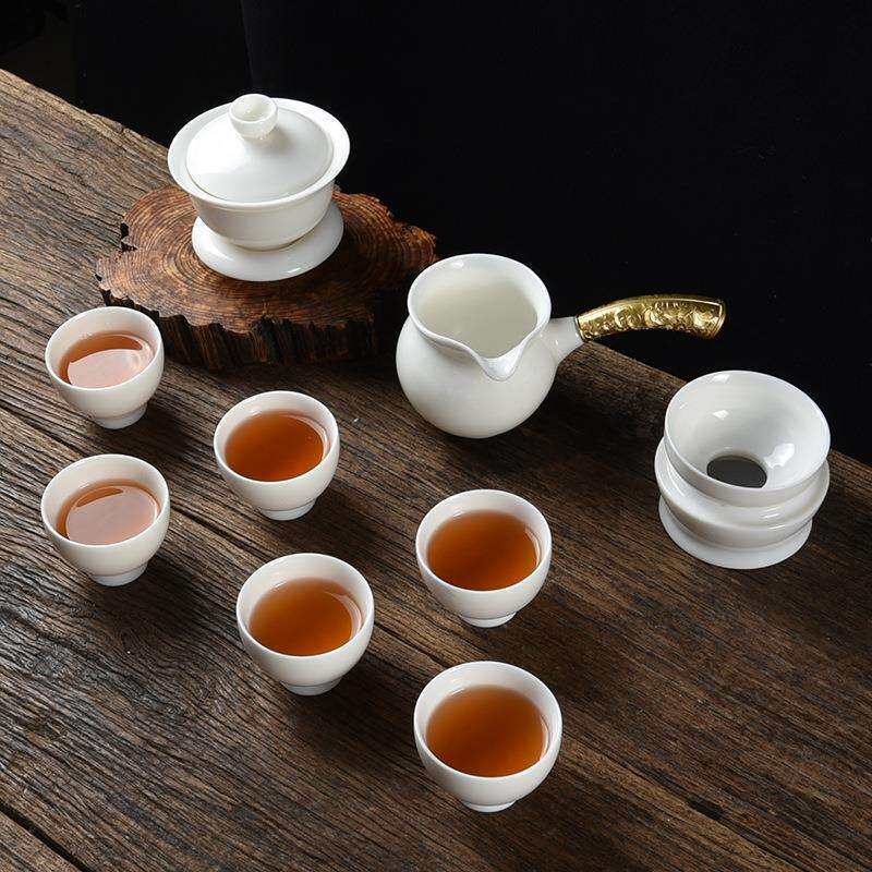 羊脂玉茶具套装德化白瓷家用泡茶陶瓷盖碗办公侧把茶壶茶杯整套装