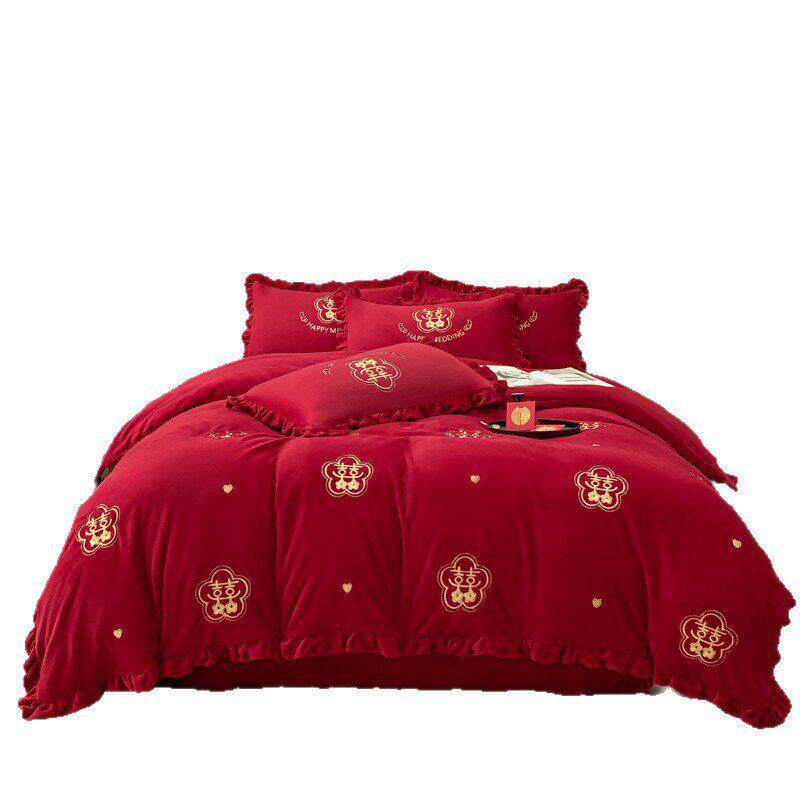 结婚喜庆被子全套一整套冬季档双面绒婚庆四件套带被芯女方陪嫁