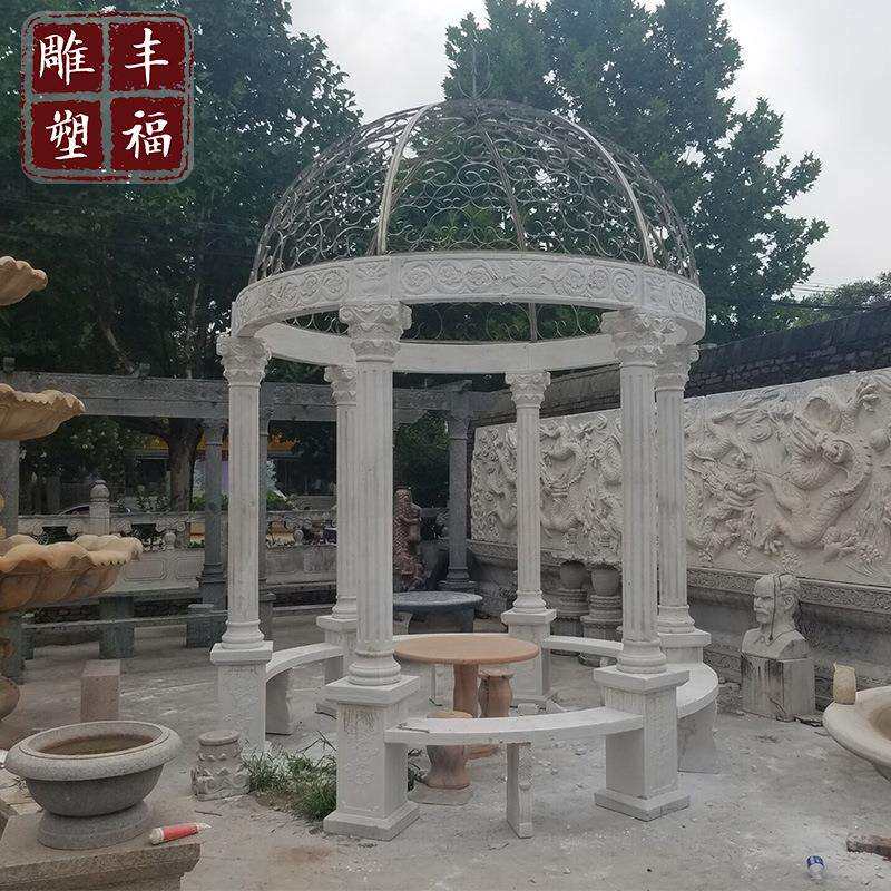 欧式铁艺石材亭子厂家 大理石景观圆形凉亭庭院休闲石头亭子摆件