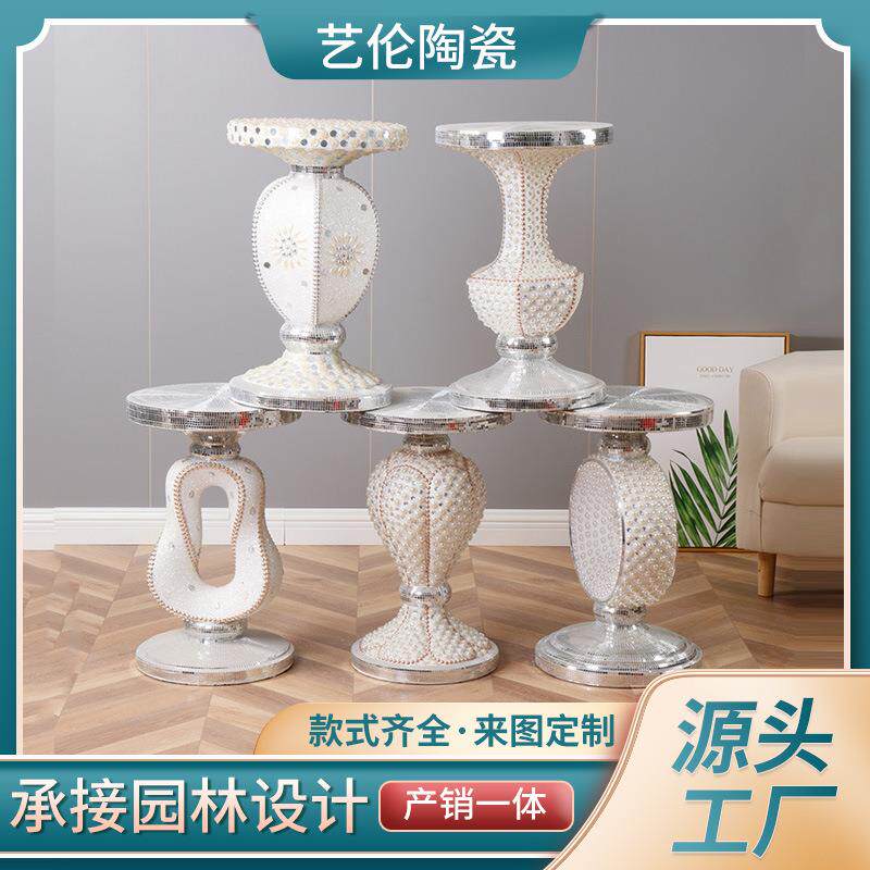 简约欧式贴珠花盆台凳美甲桌子首饰台酒店民宿客厅花瓶底座摆件