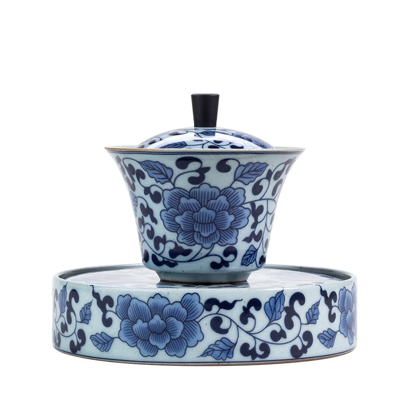 青花瓷仿古三才盖碗茶盘