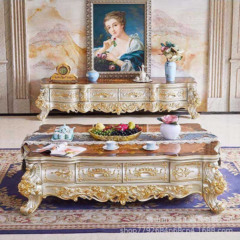 欧式茶几电视柜套装大户型客厅高档奢华别墅实木雕花贴花方形茶几