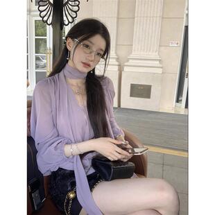 YIYIWANG 葡萄气泡水 紫色衬衫显白上衣黑色立体花半身裙短裙套装