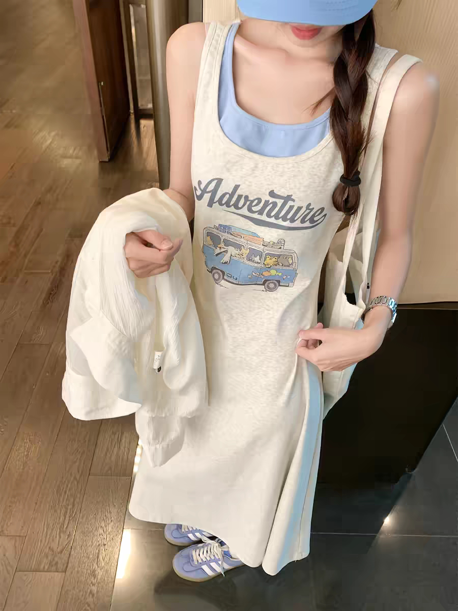 曾小咸 韩系休闲灰色假两件无袖连衣裙女夏季收腰吊带背心长裙子
