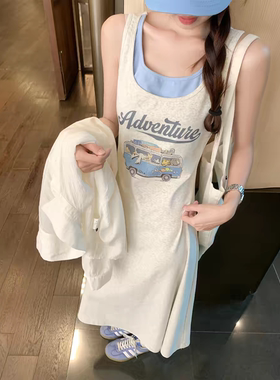 曾小咸 韩系休闲灰色假两件无袖连衣裙女夏季收腰吊带背心长裙子